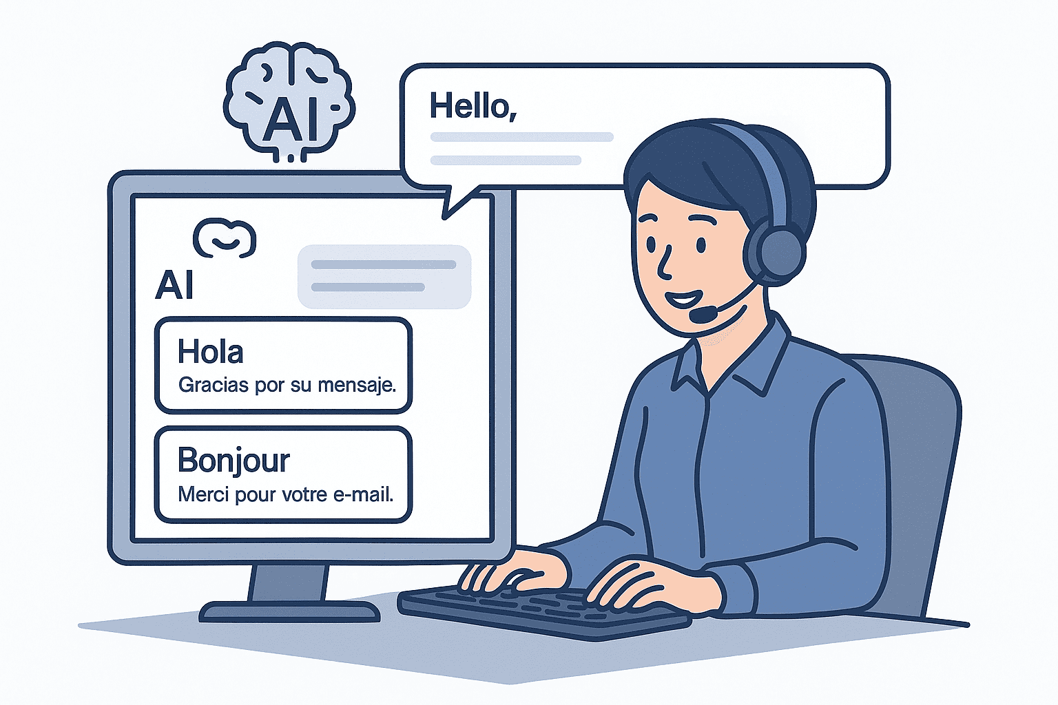 Medewerker klantenservice beheert meertalige e-mails met AnswerPal AI-automatisering