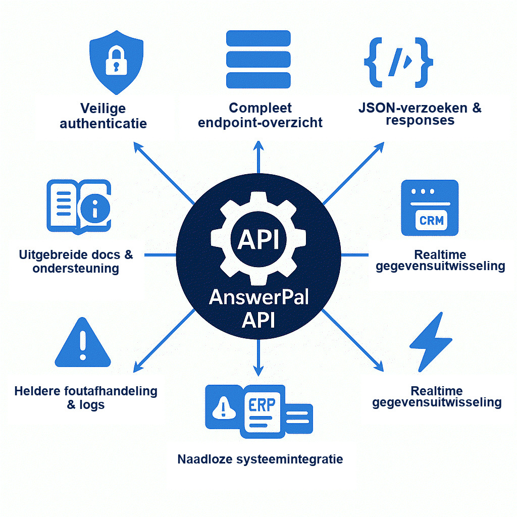 Nederlandstalig overzichtsdiagram van de AnswerPal API met authenticatie, endpoints, JSON-verzoeken en responses, documentatie, foutafhandeling, integraties en realtime gegevensuitwisseling.