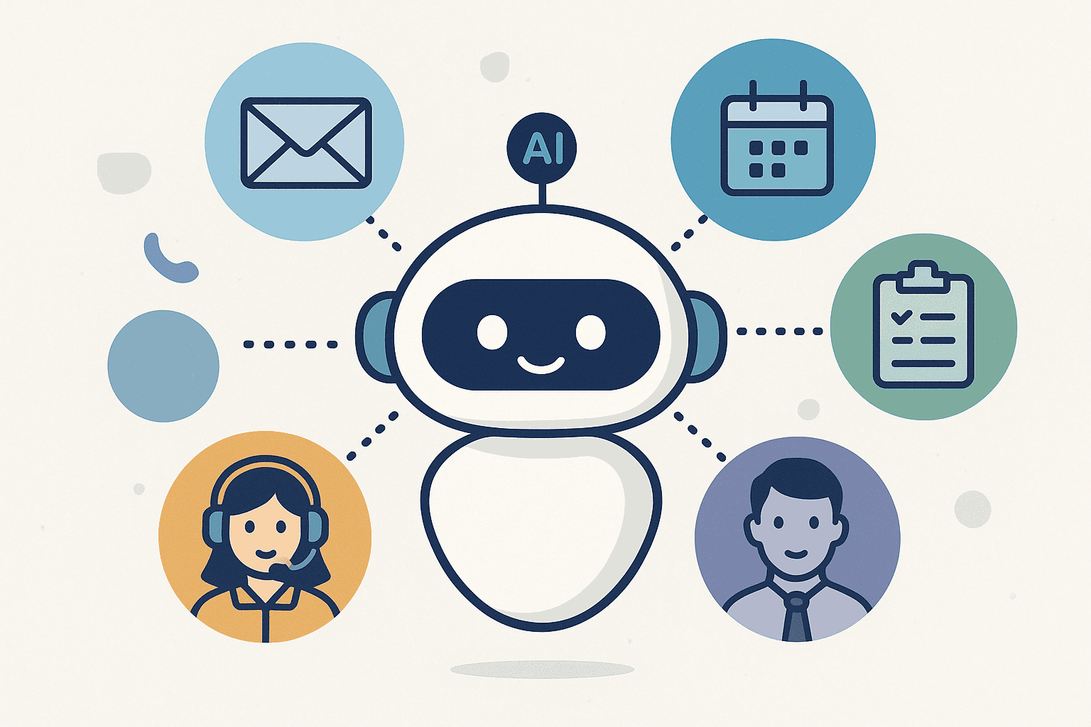 Illustratie van AI-automatisering voor klantenservice, interne ondersteuning, enquêtes en planning via meerdere kanalen.