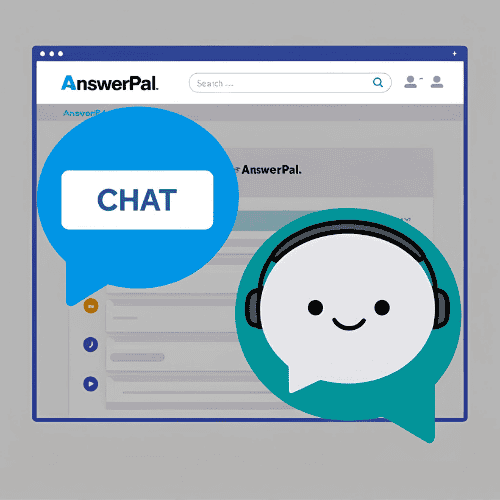 Illustratie van de AnswerPal-website met de chatknop voor ondersteuning uitgelicht.