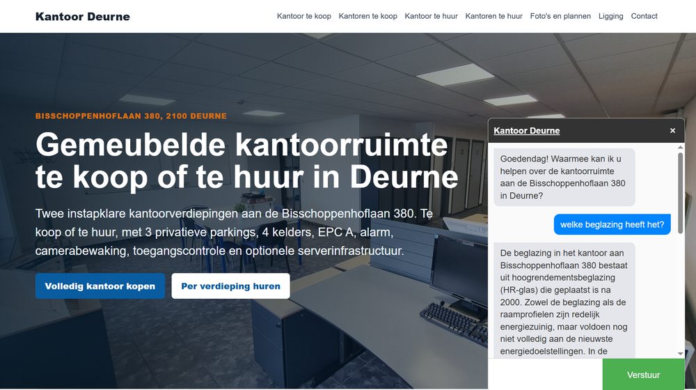 Live AnswerPal AI-assistent die vastgoedvragen over Kantoor Deurne beantwoordt