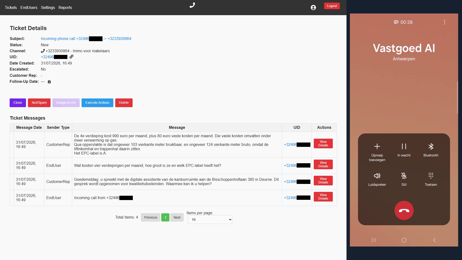 AnswerPal verwerkt een live vastgoedtelefoongesprek in het portaal
