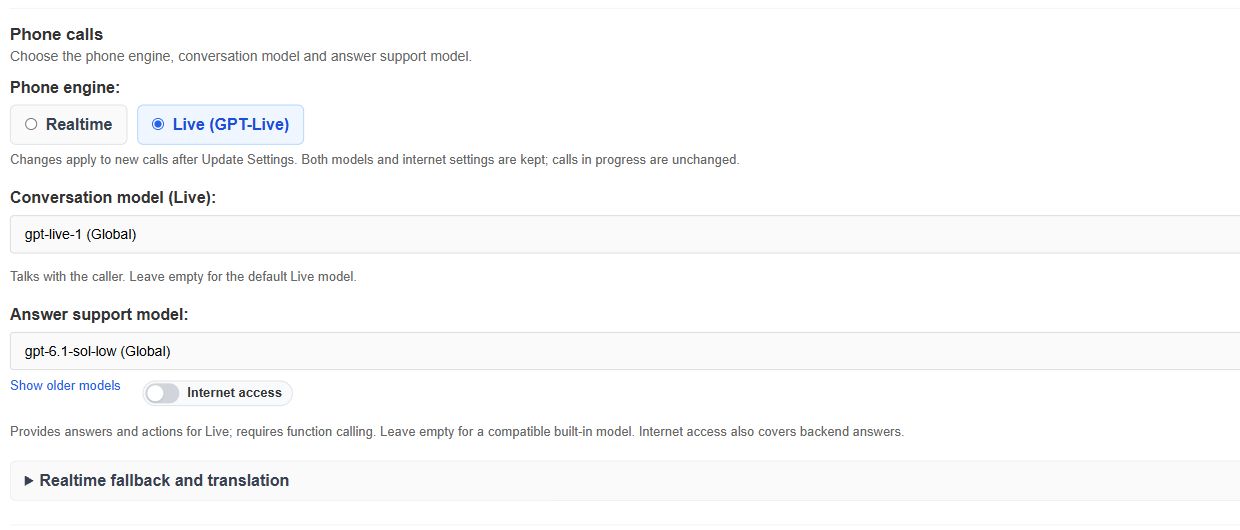 Phone settings with Live GPT-Live, gpt-live-1 as the Conversation model and gpt-6.1-sol-low as the Answer support model