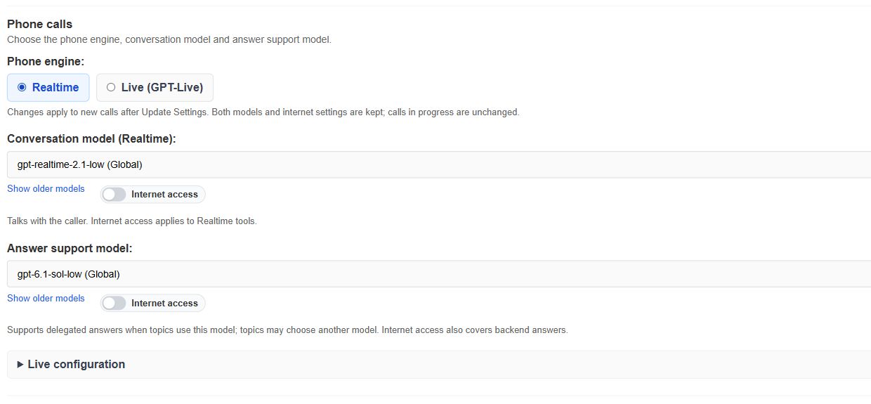 Realtime selected with its Conversation model and guidance for the Answer support model